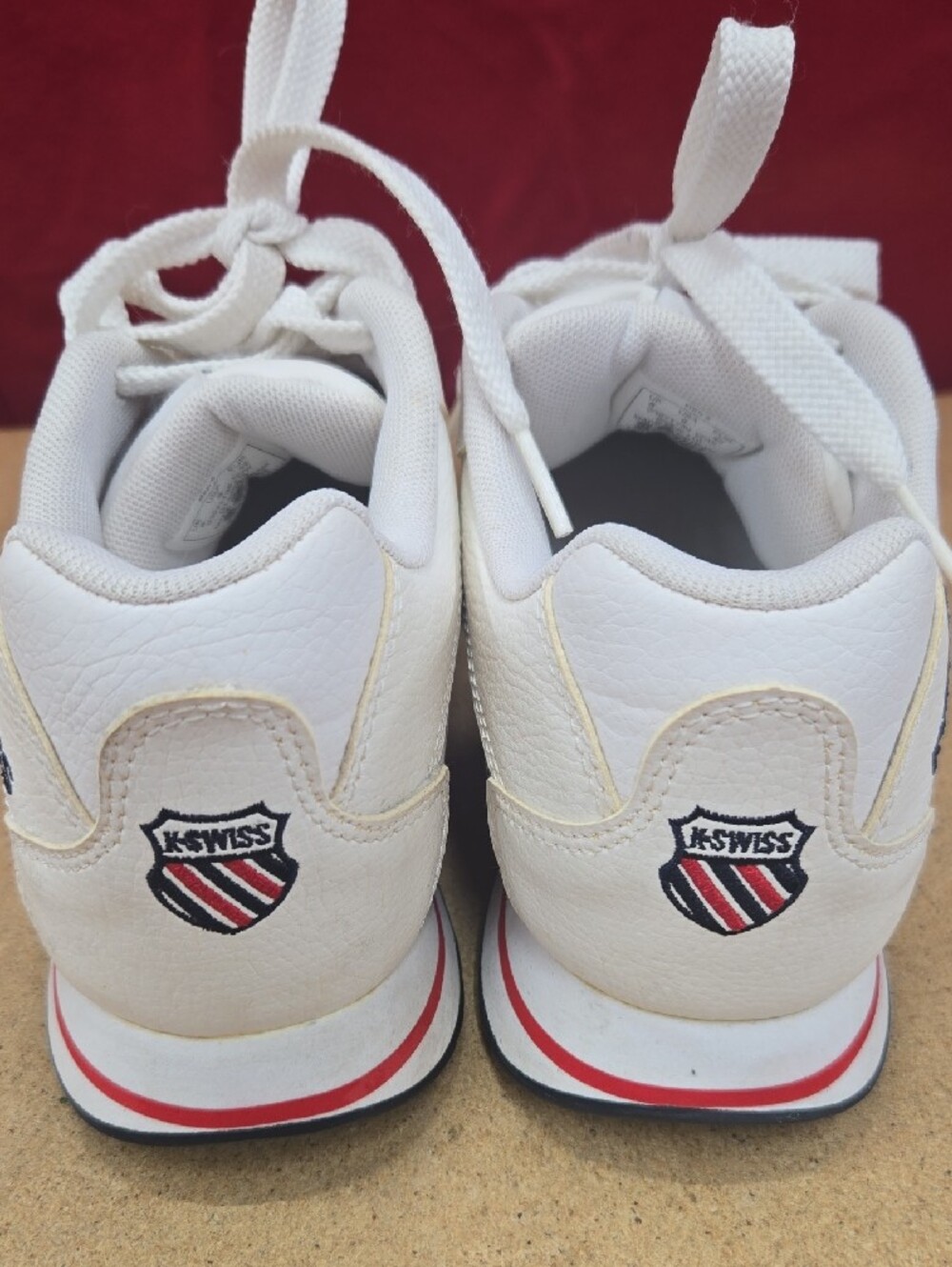 Vintage K-Swiss White Leather Sneakers with Red Stripe Accent (Size 9)